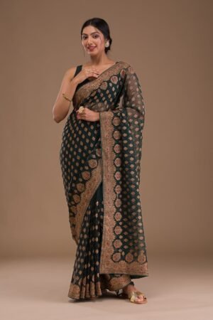 Bottle Green Zariwork Georgette Saree