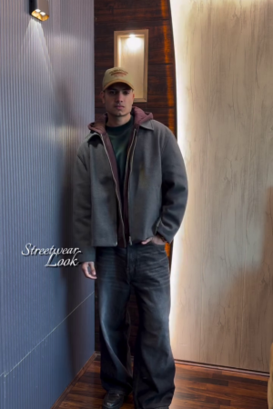 Men’s Charcoal Grey Boxy Fit Zip-Up Jacket