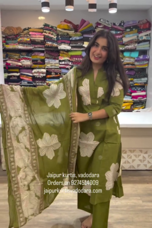 Olive Green Floral Kurta Set with Dupatta – Elegant Office & Festive Wear