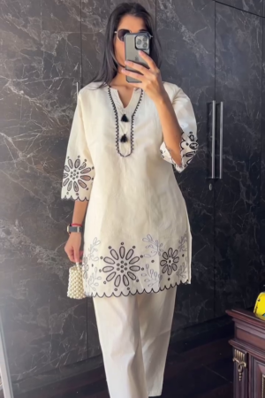 Floral Embroidered V-Neck Tunic With Trousers