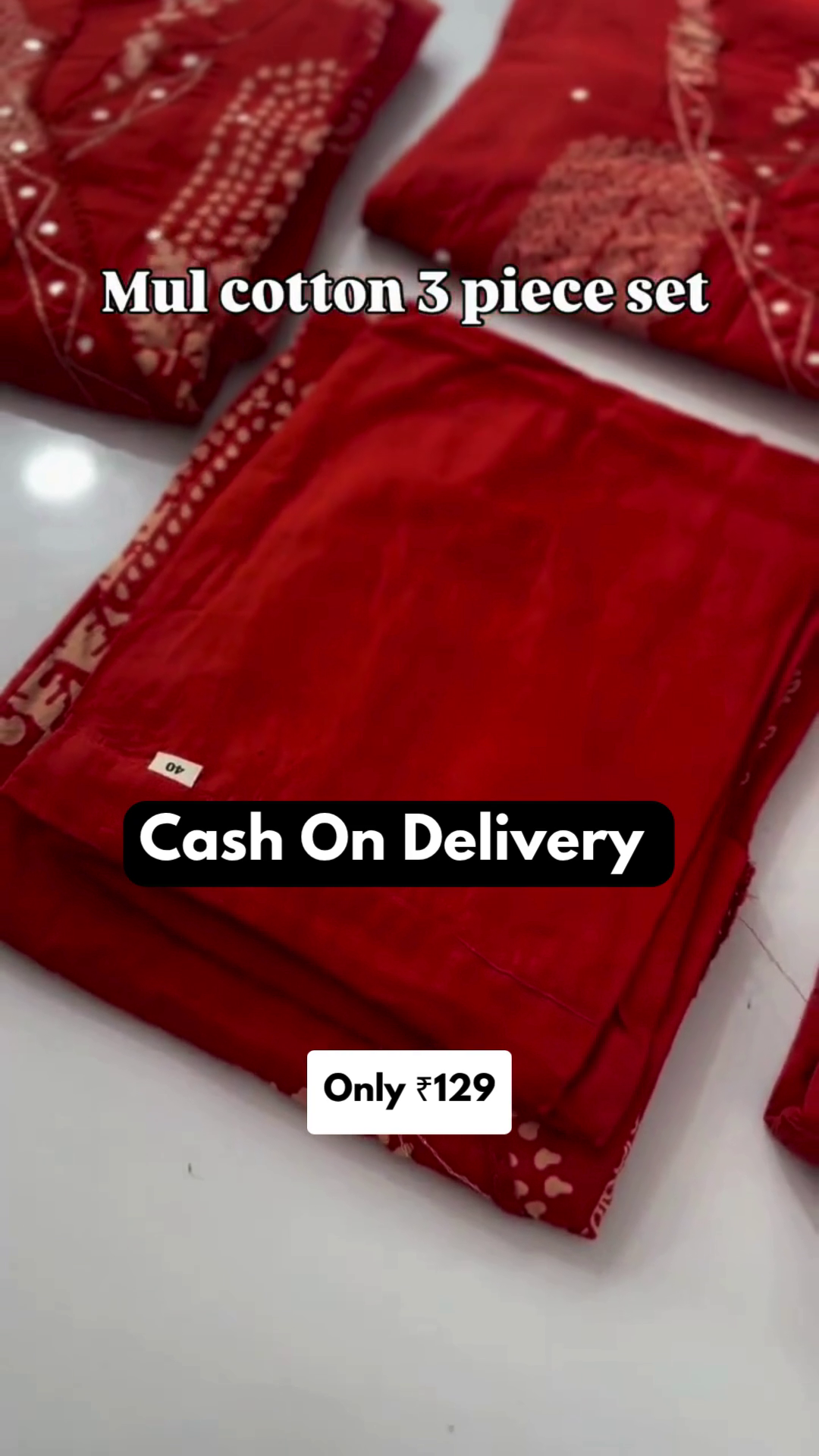 Women’s Red Cotton 3 Piece Kurta Set with Dupatta - Image 2